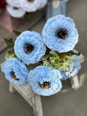 Veľká kytica CIMIE (5x kvet 8cm) textilná 41cm, modrá 