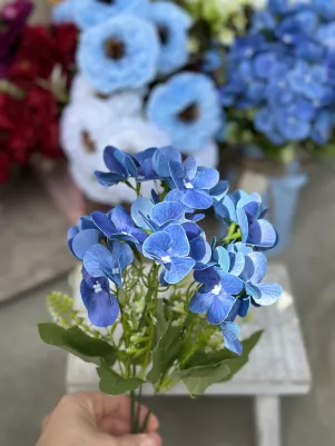 Kytička Hortenzia TOP kvalita, pogumovaný kvet, 36cm, 5x stonka, modrá 