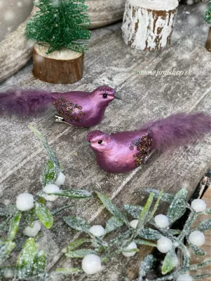 Vtáčik na štipci 20 cm s perím, fialový, cena za 1 ks 