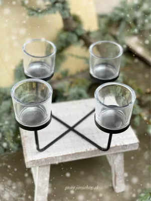 Adventná železná konštrukcia na 4 sviečky, plus sklenené poháriky, 25 cm 