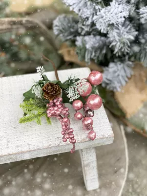 Zápich bobule s čečinou a šiškou, 26 cm, ružové 