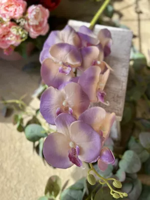 Orchidea konár (textil+plast) 92 cm z toho len kvet 37 cm, Fialová 