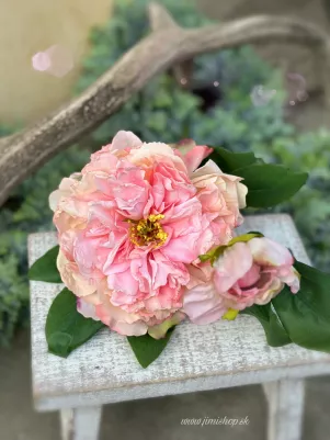 Nádherná PEONIA s pukom (ako živá) na konáriku 49 cm, (kvet hlavička textilný 14 cm) ružová