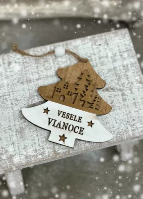 Drevený výrez závesný, veselé Vianoce 12cm x 12 cm