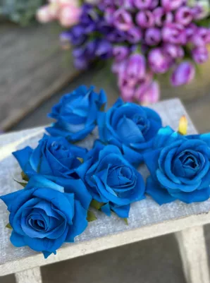 Ruža hlavička zamatová, 7cm, modrá, cena za 1ks 