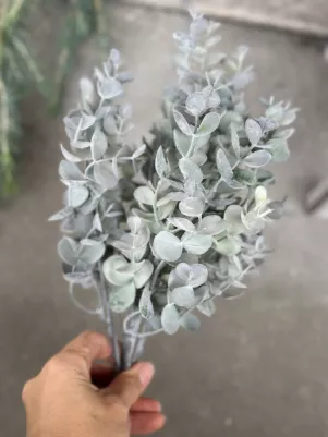Kytička eukalyptus, 5x stonka, plast poprášený, krásna jemne zelená farba, hustý, zamrznutý vzhľad