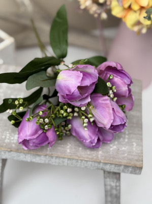 Kytička tulipány s bobuľami, textil+plast, TOP kvalita, 5x kvet, fialovo-ružové 