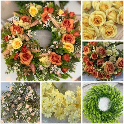 BOX ‼️💐 materiál na výrobu bohato zdobeného venca, hotový veniec má cca 34cm, marhuľový 