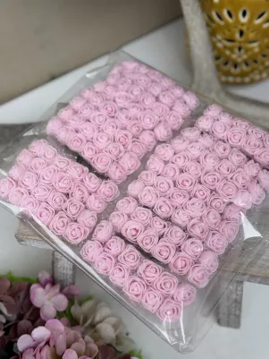Penová ruža mini (1,8cm) na drôtiku s organzou, cena za 144ks, ružová 